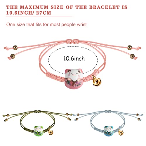 Sureio 3 Pieces Cat Maneki Neko Bracelet Cute Lucky Cat Ceramic Beads Bracelet Lucky Japanese Fortune String Hand Chain with Bell, Adjustable2