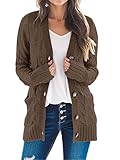 MEROKEETY Women's 2025 Fall Long Sleeve Cable Knit Sweater Open Front Cardigan Button Loose Outerwear, Coffee, Small