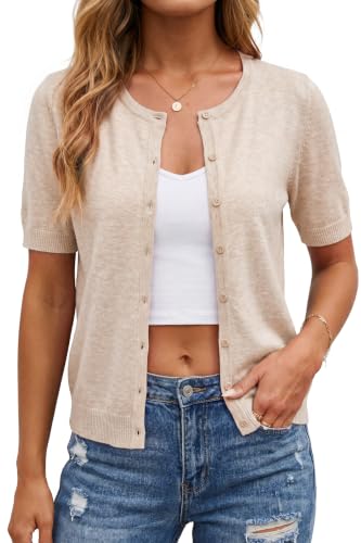 Image of Arach&Cloz Women's Wool Blend Cropped Lightweight Short Sleeve Summer Business Casual Cardigan Tops