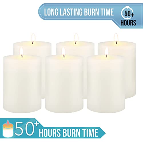 Image of Stonebriar Tall 3 x 4 Inch 50 Hour Long Burning Unscented Wax Flat Top Pillar Candles, White, 6 Pack