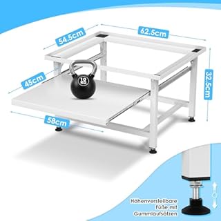 Jaxguom Support de machine à laver blanc avec étagères extensibles 3 hauteurs réglables, socle réglable pour sèche-linge à tambour et cadre de congélateur