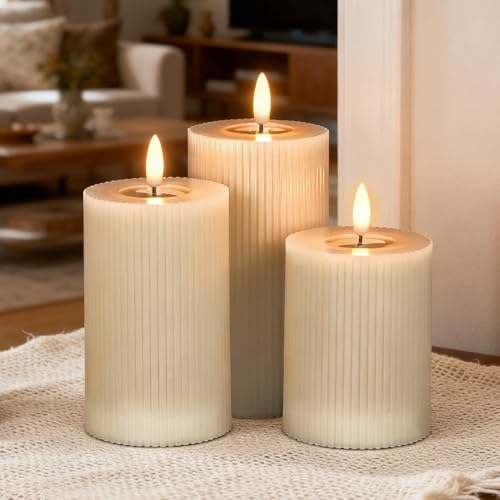 DRomance Battery Operated Flameless Candles with 6 Hour Timer 3 Pack Real Wax Vertical Stripe 3D Wick Flickering LED Pillar Candles Dinner Wedding Christmas Holiday Decor(Beige 3 D x 5 6 7 H)