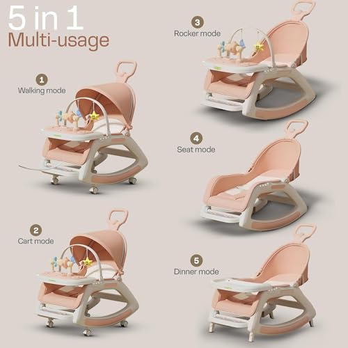 Image of Baybee 5 in 1 Baby Rocker for Babies | Portable Rocking Chair for Kids with Parent Handle, Multi Position Recline, Tray & Music | Baby Bouncers 0 to 3 Years Boys Girls (Pink)
