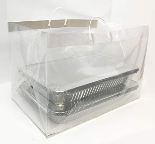 ZT Packaging Take Out Bag 22 x 14 x 15.25 x 14; 100Pcs Extra Heavy Duty Full Tray Catering Clear Bag Rigid Loop Handles Reinforced Cardboard Top and Bottom