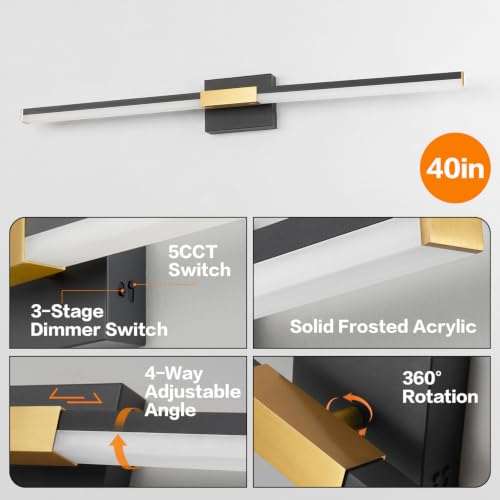 Image of SOLFART Bathroom Light Fixtures 40-Inch: Black and Gold 5CCT Dimmable Vanity Lights for Bathroom, Solid Frosted Acrylic, Built-in Dimmer, 360 Degree Rotation, ETL IP44