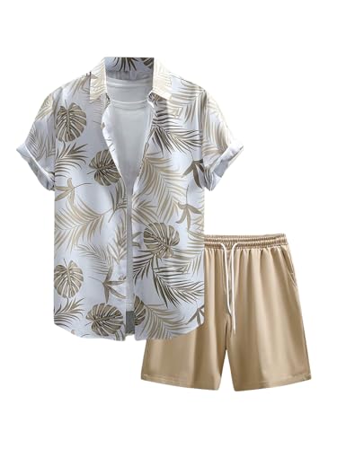 GORGLITTER Men's 2 Piece Matching Outfits Tropical Print Short Sleeve Button Down Hawaiian Shirt and Shorts Set - Main Image