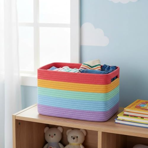 Cesta tejida de cuerda de algodón arcoíris multiusos para el hogar 5