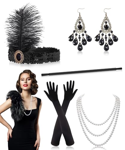 20er Jahre Accessoire Set Damen – 6-teiliges Gatsby Set Mit Perlenkette & Armband | Schwarz, Für Kostümparty & Casino Outfit