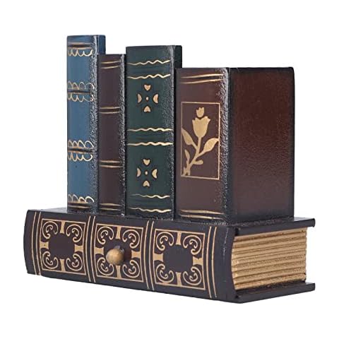 Pencil Holder Cup, Desktop Storage Organizer, Books Design Pencil Holder Organizer Vintage Wooden Pen Holders with Bottom Drawer, Retro Office Supply Caddy for Home Office Classroom Bedroom Cover