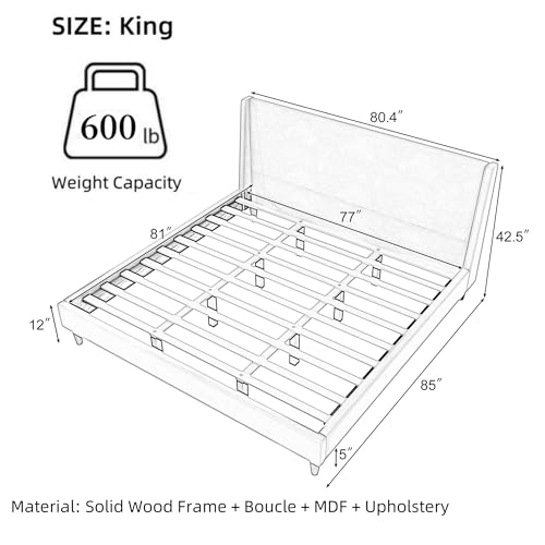 Image of Merax Solid Wood King Size Boucle Bed Frame with Wingback Headboard, Modern Upholstered Platform with Walnut Wooden Legs, Strong Wooden Slats, No Box Spring Needed, Easy Assembly, Noise-Free, Ivory