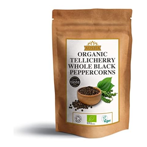 Ausha Organic Tellicherry Black Peppercorns 500g | 2** Star Great Taste Award 2022 Winner - Piperine 6% Double Strength Cover