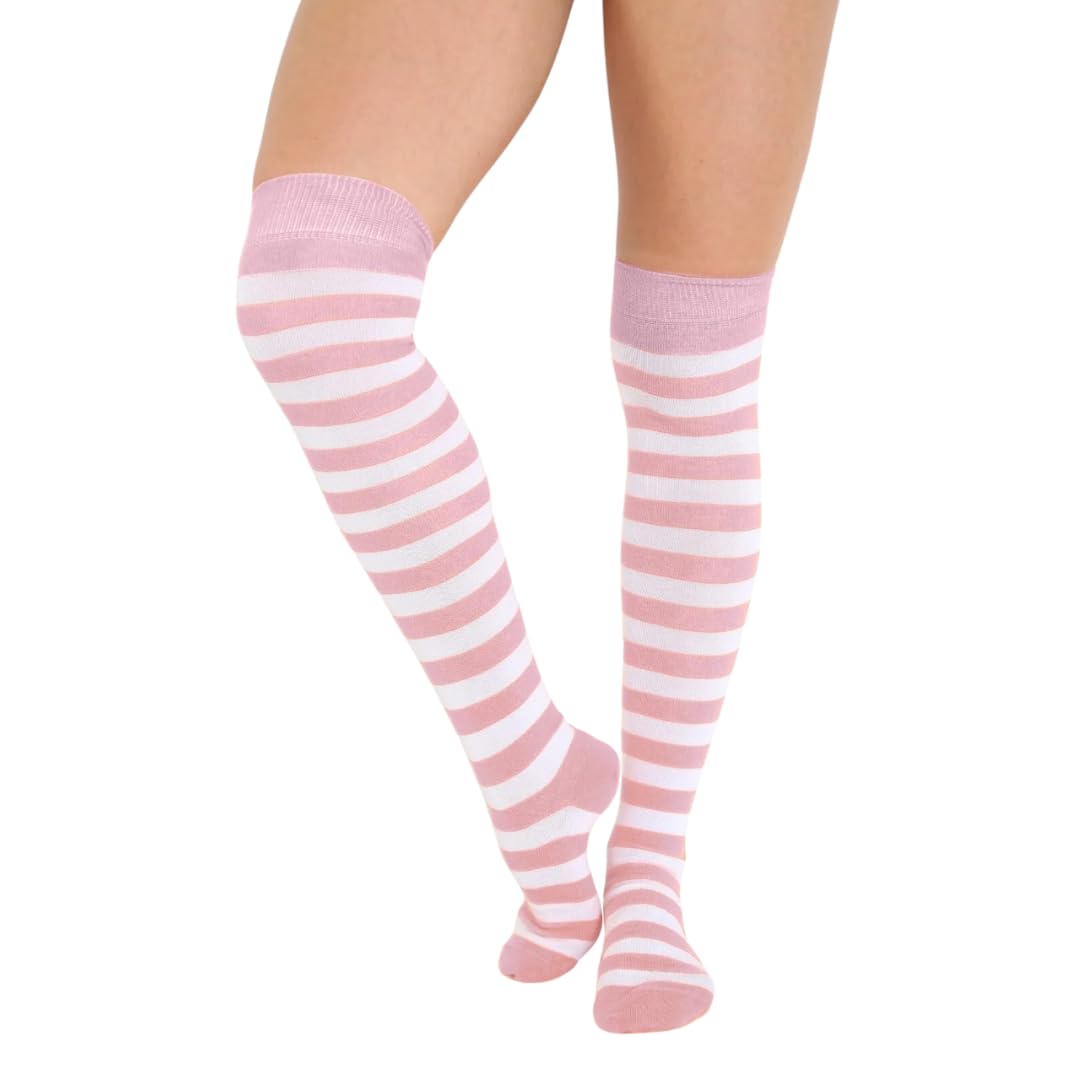 FNA FASHIONS® Over the Knee Socks – Thigh High Cotton Socks | Long, Soft & Stretchy Boot Socks for Women & Girls | Plain & Striped Knee High Stockings (Baby Pink and White OTK Stripe Socks)