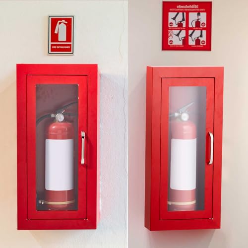 Image of Zonon 1 Pcs Semi Recessed Fire Extinguisher Cabinet Box Steel Recessed Wall Cabinet, Magnetic Door with Handle, Acrylic Window, 2.5 Inch Trim, for 2.5 /5 /10 lb Dry Chemical Fire Extinguisher (Red)