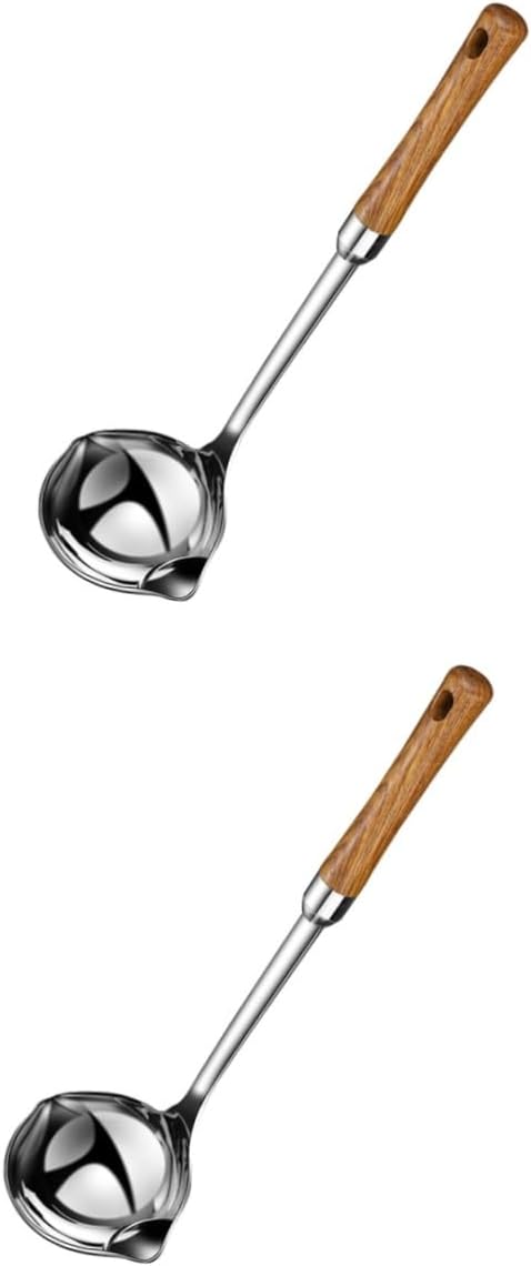 2 Pcs Ergonomic Wooden Handle Soup Ladle Stainless Steel Oil Filter Multi-functional Cooking Tool Kitchen Accessory