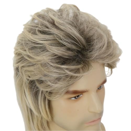 Image of Swiking Mens Mullet Wig Blonde and Dark Foot Retro 70s 80s Disco Rocker Curly Punk Fancy Party Halloween Cosplay Costume Full Wigs (Black and Blonde)