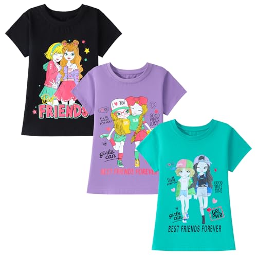 Image of HILEELANG Girl Short Sleeve Tee Shirts Cotton Casual Summer Graphic Tops T-Shirts Multipack