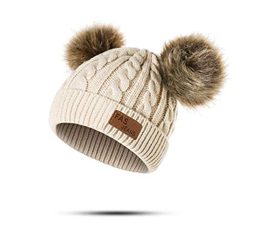 Image of Infant Toddler Woolen Hat Pure Color Winter Twist Double Pom Pom Knitted Beanies Cap 0-3Y