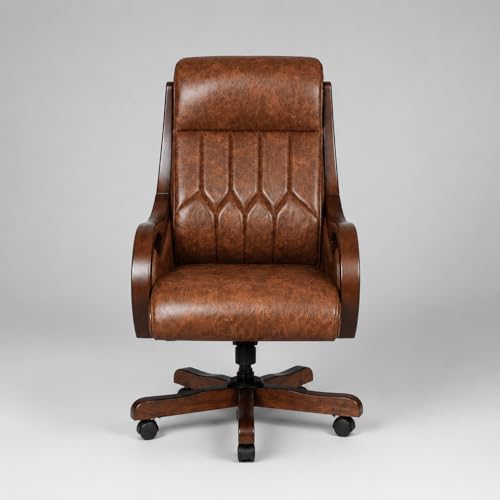 Image of LAKDI Furniture Premium Executive Office Chair for Home & Office | Leatherette Upholstery | Wooden Armrest & Base | High Back Ergonomic Revolving Chair with Wheels | 5 Year Warranty | Free Assembly