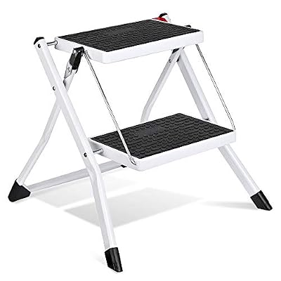 Delxo 2 Step Stool Stepladders Lightweight White Folding Step Ladder with Handgrip Anti-Slip Sturdy and Wide Pedal Steel Ladder Mini-Stool 250lbs 2-Feet