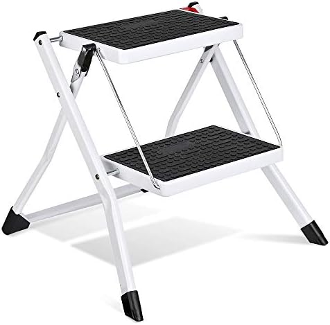 Delxo Step Stool Folding 2 Step Ladder Heavy Duty Steel Sturdy Wide Pedal Lightweight Anti-Slip Portable & Collapsible Two Stool Ladder Kitchen Closet 2 Step Stools for Adults & Kids White Stepladder