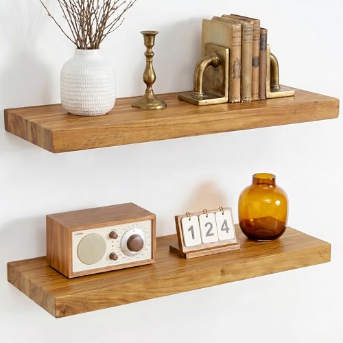Image of Dreamland Floating Shelves 24 Inch Long for Wall Decor, Rustic Solid Elm Wood Floating Shelf Wall Mounted, Wall Shelves Set of 2 Invisible Bracket for Living Room Bathroom Bedroom Kitchen, Natural
