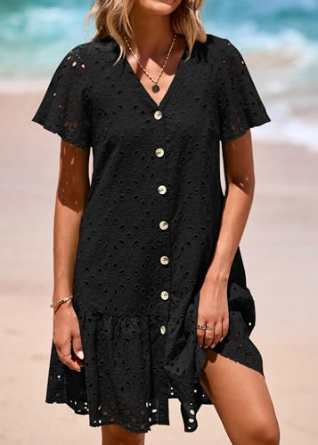 Image of KIRUNDO Eyelet Dresses for Women Button Down Mini Babydoll