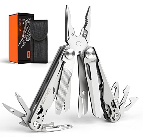 SUYIWEE Multitool 19-in-1 with Safety Lock, Professional 440A Stainless Steel Multi Tool Pliers Pocket Tool, Replaceable Wire Cutters and Spring Action Scissors, Nylon Sheath Multitools for Outdoors