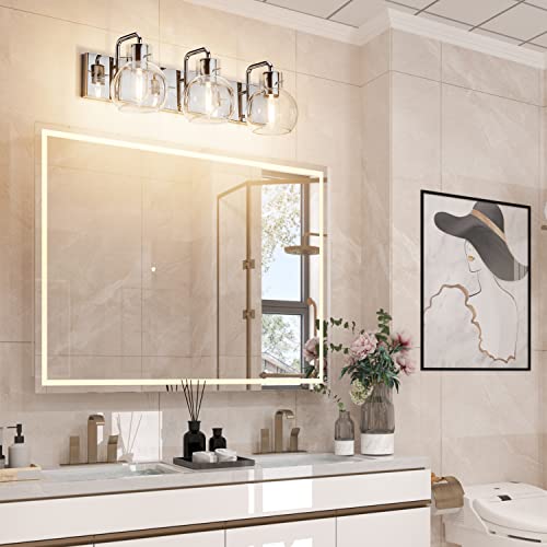 Image of Tipace Modern Bathroom Vanity Lighting Fixtures 3-Lights Industrial Stainless Steel Chrome Finish with Globe Clear Glass Vanity Lights Farmhouse Bath Lighting(Exclude Bulb)