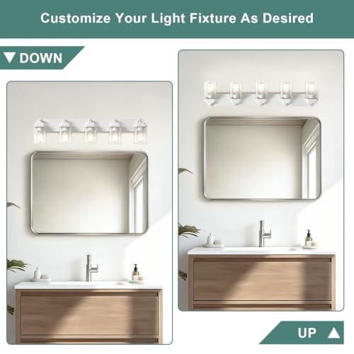 Image of White Bathroom Light Fixtures, 5 Lights Bathroom Lighting Fixtures Over Mirror, Square Design & Rectangle Large Backplate, Modern Vanity Lighting Fixtures, for Bathroom /Living Room /Bedroom