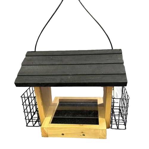 Vogelfutterspender aus Holz, Eichhörnchensicher, Anti-Rost-Käfig-Design, Zedernholz-Talg, hängende Vogelhaus-Futterstation, wetterbeständige Konstruktion, für Finken, Küken, Blauhäher, Garten, Balkon