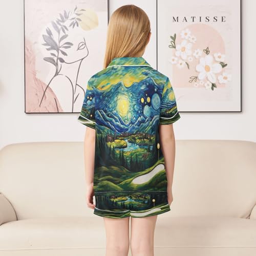 ALAZA Landscape Starry Night Van Gogh Satin Pajamas Set Short Sleeve Button Down Sleepwear Summer Pjs 2 Piece4