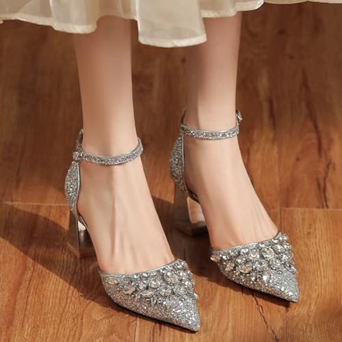 Women's Comfort Leather Rhinestones Chunky Heel Pumps,Fashion Sexy Closed Pointed Toe Slip-On Ankle Strap Block Heels,for Wedding Party Business Dressy Shoes 6