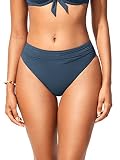 DOBREVA Damen Hoch Taillierte Bikinihose mit Gerüschter Optik Bauchweg Retro Hoher Schnitt Badeanzug Unterteil Abzeichen Blau 42