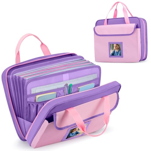 Image of GRAOSO Zipper Document Bag for Boys and Girls, 9 Expandable Folders, Baby Portfolio Organizer Case with Customized Photo and Name Areas, Pink