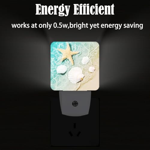 Image of Starfish and Seashell On Beach Night Light,Plug Into Wall Decor for Stairway,Hallway,Kitchen,Dusk to Dawn Sensor Nightlights for Boys /Girls /Women /Men Room Gifts