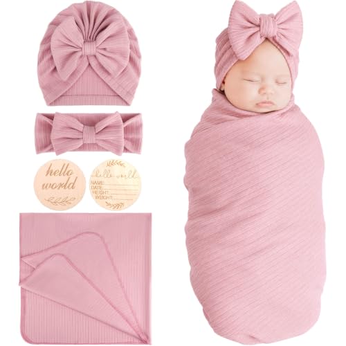 Image of DRESHOW BQUBO Baby Swaddle Blankets for Girls, 4PCS Newborn Accessories Set with Hat and Bow Headband with Hello World Wooden Birth Announcement Card, Baby Blankets for Girls