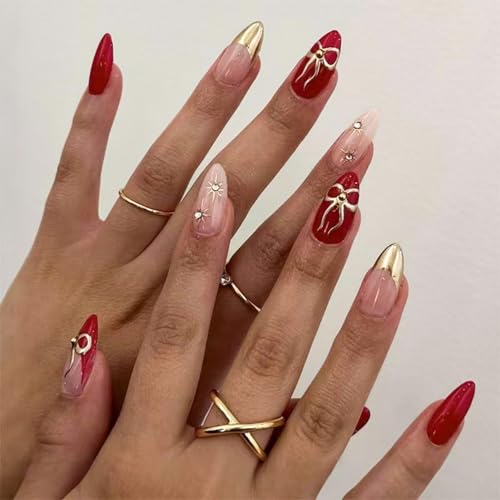 Image of Bow Star Press on Nails Red Fake Nails with Rhinestone Design Gold French Tip Glue on nails Medium Almond False Nails Glossy Artificial Acrylic Full Cover Stick on Nails for Women Manicure 24Pcs