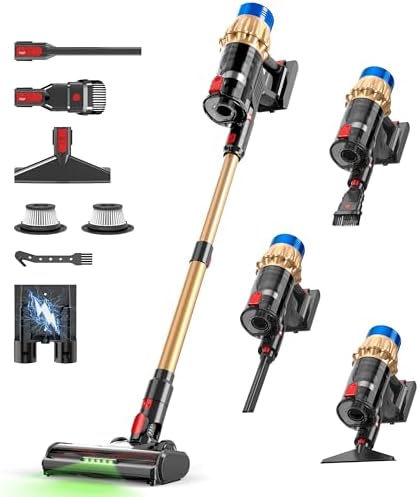 Cordless Stick Vacuum Cleaner - 550W Powerful Suction, 65 Min Runtime, Anti-Tangle,LED Flex Head for Pet Hair, Hard Floors,Home Carpet