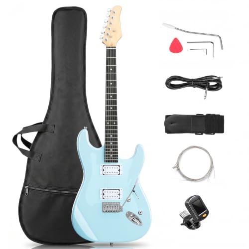 Image of Ktaxon 39 Inch Solid Body Electric Guitar with H-H Pickup, Sky Blue | 6 Strings Guitarra Electrica with Gig Bag, Strap, Whammy Bar, Maple Neck for Beginners & Musicians, Rock Metal, Right Hand