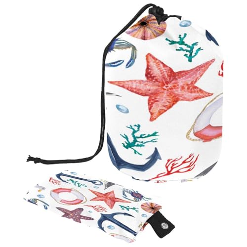 Drawstring Toiletry Bag, Watercolor Anchor Seagull Lifebuoy Barrel Shaped Wash Bag Cosmetic Bags, Travel Makeup Organiser Pouch + Small Bag