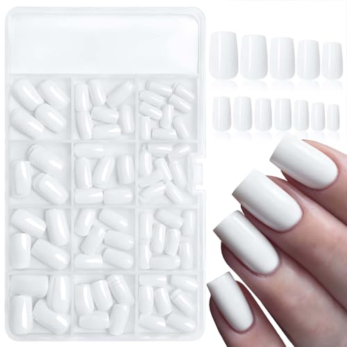 LoveOurHome 240pc White Press on Nails Medium Square Fake Nails Press ons Square Nail Tips Gel False Nails Colored Presson Artificial Fingernails & Glue Adhesive Tabs Women Girls Manicure Decor