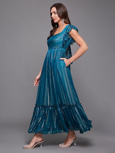 Image of Miss Chase Women's Round Neck Sleeve Embellished Fit Flare Maxi Dress