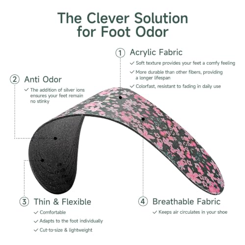 Image of 6 Pair Women No Show Socks Anti-Odor Sockless Shoe Insert Size 9-13 | Thin Shoe Insoles,Breathable,Comfort Barefoot Shoe Liner,Machine Washable,Moisture Control,Cute,Everyday Insole,Floral Print