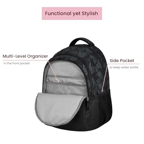 Image of Genie Forest Laptop Backpack for Women in Black colour. More Volume, 3 zips, Stylish & Trendy College Bags for Girls, Water Resistant, Lightweight Bags for Office, Travelling. 36 litres. 19 inch