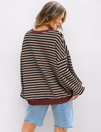 Image of UEU Women Oversized Striped Crewneck Sweatshirt Long Sleeve Color Block Pullover Tops Casual Loose Workout Shirt