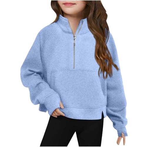 Half Zip Up Sweatshirt Girls Mock Neck Oversized Sweatshirts Fall Winter Long Sleeve Pullover With Thumb Hole 5-14Y