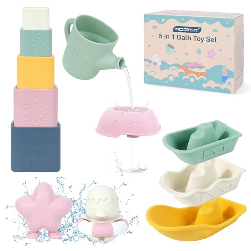 MCGMITT Jouets Montessori pour Bébés 12 pièces Set de Bain en Silicone BPA-Free Jouets Flottants, Gobelets Empilables, Canards, Jouet Éducatif Sensoriel pour Développement Cognitif Cadeau 6-36 Mois