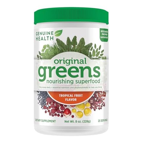 Genuine Health Greens+ Original Superfood Powder - Tropical Fruit - Chlorophyll Rich Ingredients, Spirulina, Milk Thistle, Antioxidants - Gluten Free, Dairy Free - 228g - 25 Servings Cover