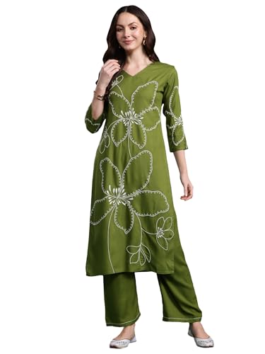 Image of INDO ERA Women's Straight Viscose Rayon Floral Embroidered Kurta & Palazzo Set (IESTR9981)