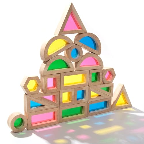 Image of WOODENFUN Wood Building Blocks Set for Kids,Rainbow Stacker Stacking Game Construction Toys Set Preschool Colorful Learning Educational Toys, Geometry Wooden Blocks for Boys Girls